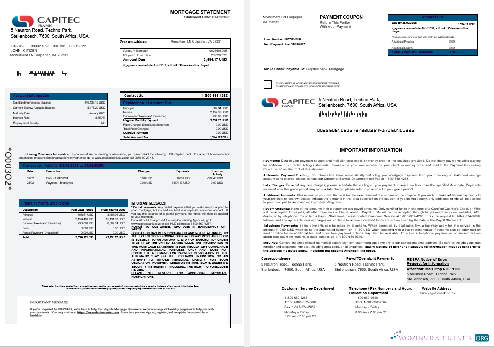Download USA Capitec bank mortgage statement in Word and PDF formats 1 2 Photoshop template